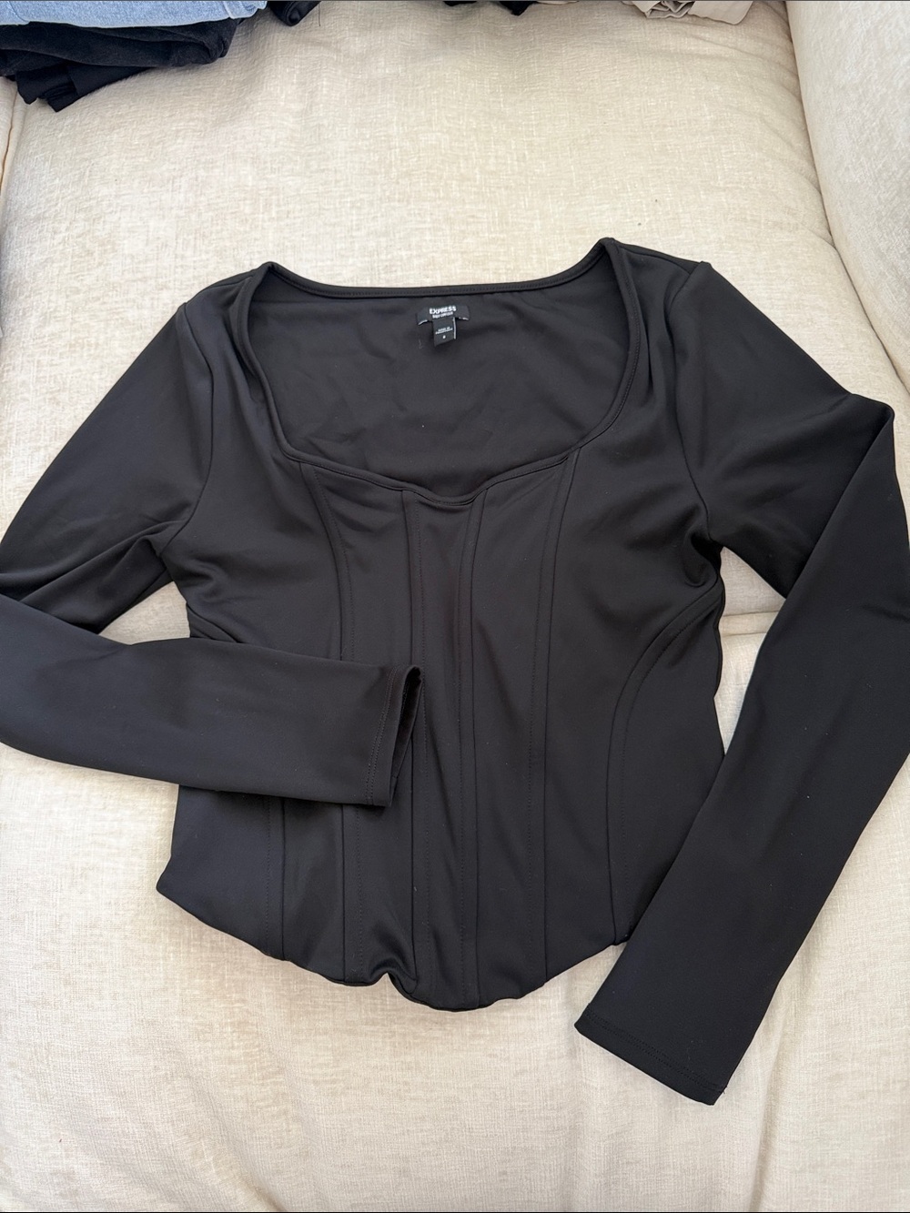 Express Body Contour Black Scoop-Neck Panel Seam Long Sleeve Top